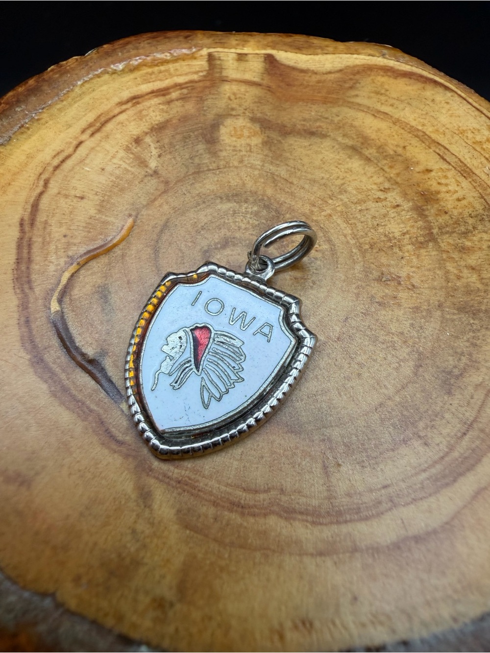 Vintage Iowa Shield Pendant/ Charm in Sterling Silver with Red Accent
